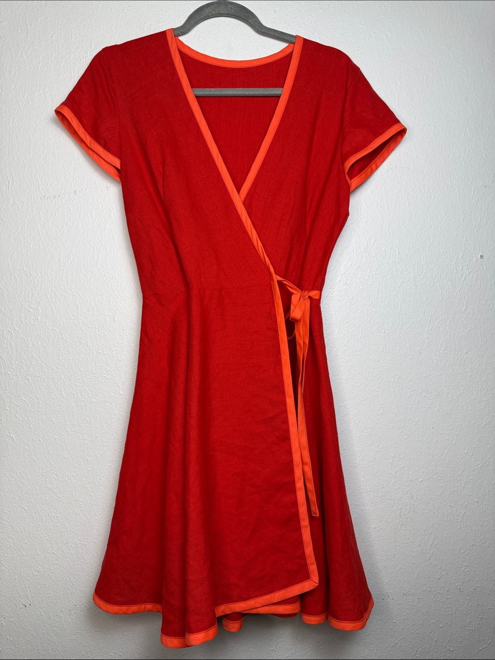 Bright Red Wrap Dress with Orange Trim
